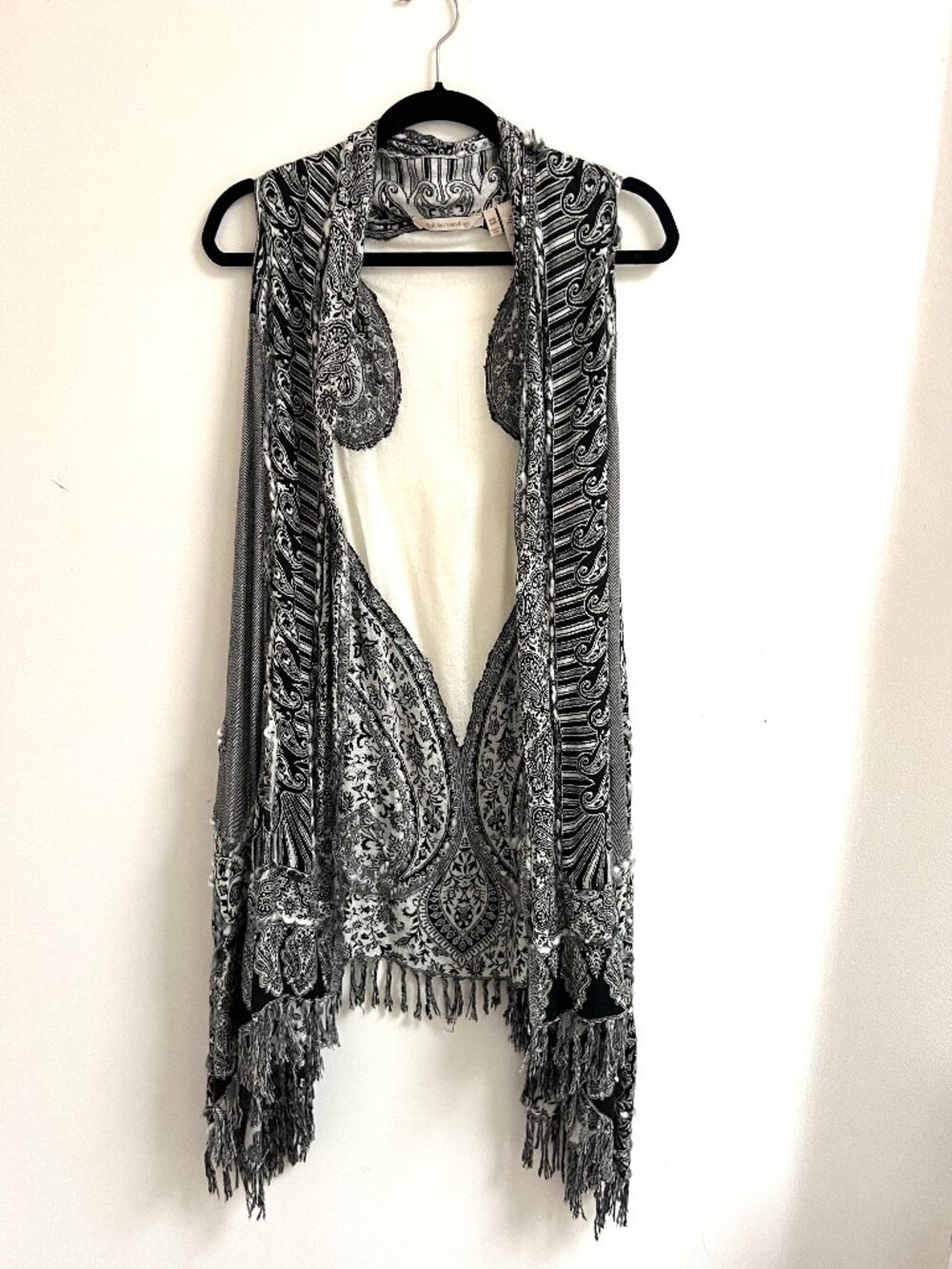 Soft Surroundings Black White Paisley Floral Fringe Embroidered Duster Vest OS